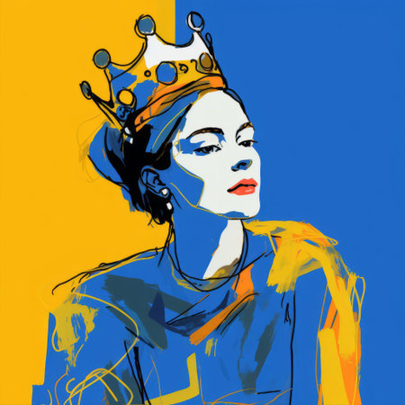 queen helen, adorned with a majestic crown, gazes over her shoulder in this stunning digital drawing, reminiscent of cecil beaton's elegance and matisse's expressive lines. created on a wacom tablet with fine-tip pen, the artwork features vibrant blue, white, and yellow hues, boasting 32k super-resolution and uhd quality. ai generatedの素材