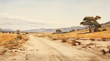 the serene continental landscape stretches across the horizon, bisected by a winding road that disappears into the distance, evoking a sense of adventure and freedom, captured in soft, dreamy watercolors that evoke a nostalgic atmosphere, perfect for nature lovers and travel enthusiasts. ai generatedの素材