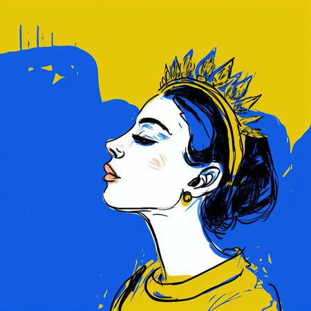 gloria, adorned with a regal crown, gazes over their shoulder in this stunning digital drawing, reminiscent of cecil beaton's elegance and tumblr's eclectic style, crafted on a wacom tablet with fine-tip pen strokes and vibrant blue hues, evoking matisse's expressive lines and boasting 32k super-resolution uhd quality. ai generatedの素材