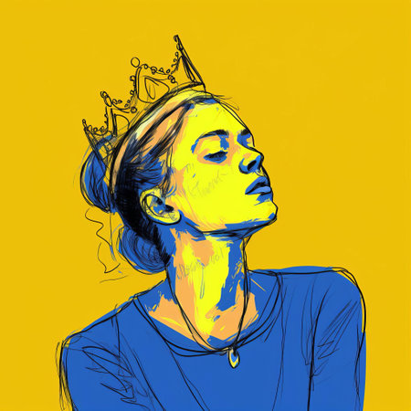 queen helen, adorned with a majestic crown, gazes over her shoulder in this stunning digital drawing, inspired by the elegance of cecil beaton and the vibrant hues of matisse, featuring bold expressionist lines, intricately crafted with a fine-tip pen in white and yellow, presented in breathtaking 32k super-resolution uhd quality. ai generatedの素材