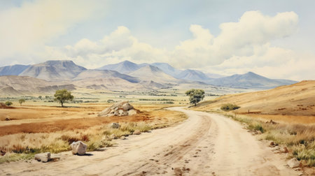 the serene continental landscape stretches across the horizon, bisected by a winding road that disappears into the distance, evoking a sense of adventure and freedom, captured in soft, dreamy watercolors that evoke a nostalgic feel, perfect for nature lovers and travel enthusiasts alike. ai generatedの素材
