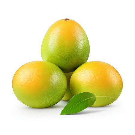 mangifera, also known as mangoes, are displayed in a stunning arrangement of three whole fruits isolated on a pristine white background, showcasing their vibrant yellow skin and enticing curves, perfect for culinary and design applications, with a convenient clipping path for easy editing. ai generatedの素材