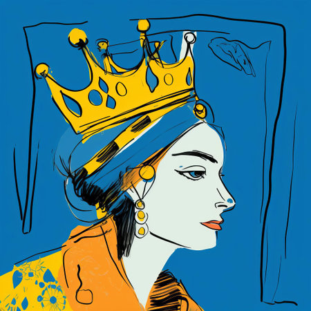 queen martha, adorned with a regal crown, gazes over her shoulder in this stunning digital drawing, reminiscent of cecil beaton's iconic style, with bold, expressionist lines and vibrant blue hues, created on a wacom tablet with fine-tip pen, showcasing intricate details in 32k super-resolution uhd. ai generatedの素材