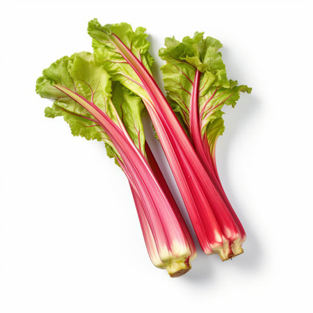 rhubarb stalks stand out against a crisp white background, with subtle shadows cast to the right, adding depth to the composition, while the overall style exudes a clean and modern aesthetic, showcasing the vibrant pink and green hues of the vegetable, perfect for food bloggers and healthy recipe enthusiasts. ai generatedの素材