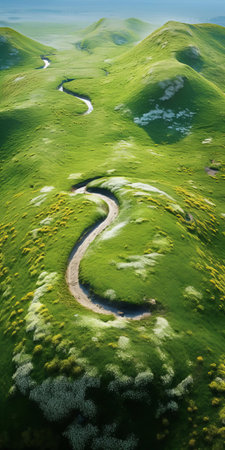 the serene landscape unfolds in this breathtaking aerial view, showcasing an endless and undulating mound dotted with vibrant wild flowers and tall swaying grasslands, exuding tranquility and peace, captured in stunning 8k resolution with a still life photography style that invites contemplation and relaxation. ai generatedの素材