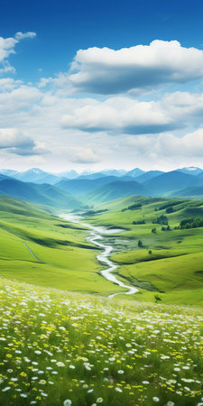 the landscape stretches out in an endless and undulating panorama, dotted with vibrant wild flowers and tall swaying grasslands, exuding the essence of tranquility and serenity, captured in stunning 8k resolution, showcasing the beauty of nature's splendor in a still life photography style. ai generatedの素材