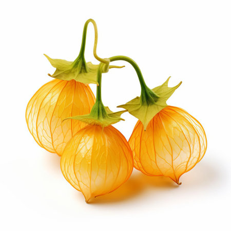physalis fruits, also known as ground cherries, sit elegantly on a clean white background, showcasing their papery husks and vibrant orange-yellow color, highlighting their unique texture and exotic appeal, perfect for still-life photography, food styling, and culinary art inspiration. ai generatedの素材