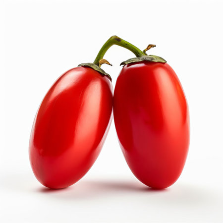 tamarillos, also known as tree tomatoes, are showcased in this vibrant photograph, featuring two ripe fruits with their glossy, red skin and green stems, perfectly arranged on a clean white background, highlighting their unique shape and color, ideal for cooking and culinary inspiration. ai generatedの素材