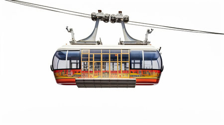 cable car, a popular mode of transportation in hilly areas, is showcased in isolation on a pristine white background, highlighting its sleek design and vibrant colors, perfect for use in travel brochures, urban planning presentations, and transportation-themed designs. ai generatedの素材