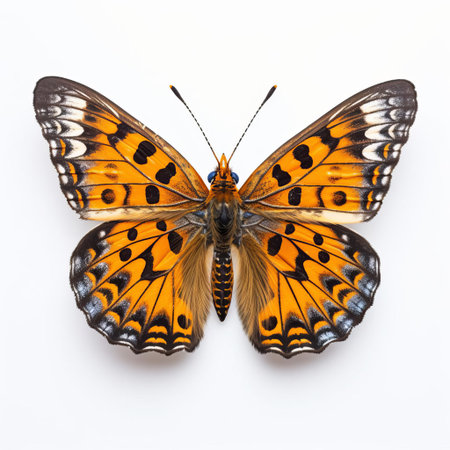 the euphydryas aurinia, also known as the marsh fritillary, perches delicately on a pristine white background, showcasing its striking orange and brown wings, adorned with intricate patterns and spots, a true marvel of nature's beauty and a popular subject among butterfly enthusiasts and photographers. ai generatedの素材