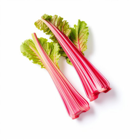 rhubarb stalks, typically used in sweet and tangy desserts, are showcased against a clean white background, highlighting their vibrant green color and delicate texture, perfect for adding a pop of color to any culinary creation or still life photography composition. ai generatedの素材