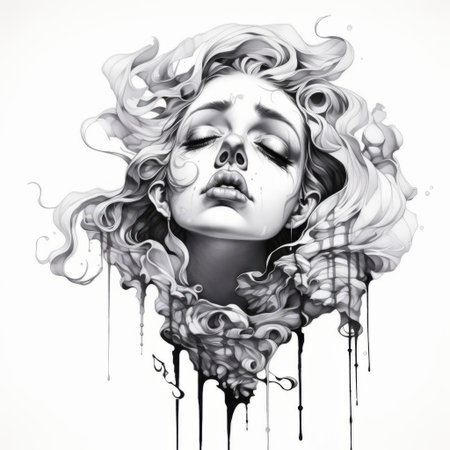 the baroque art piece, rendered in striking black and white, features a solitary, expressive line drawing that evokes a sense of melancholy and introspection, characteristic of the dramatic and emotive style of 17th-century european art, often marked by intense light and shadow contrasts. ai generatedの素材