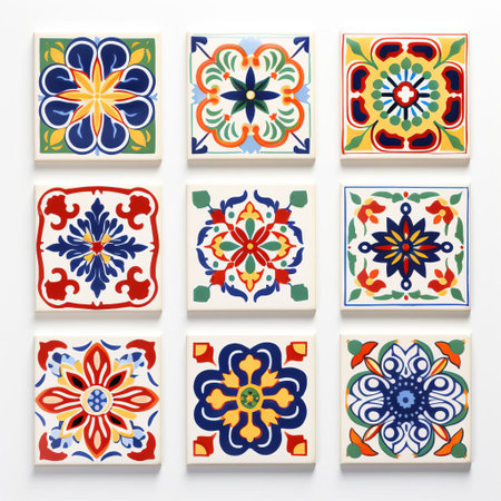 lebanon tiles, with their intricate patterns and earthy tones, beautifully contrast against a pristine white background, evoking a sense of elegance and sophistication, perfect for adding a touch of middle eastern flair to any interior design or architectural project. ai generatedの素材