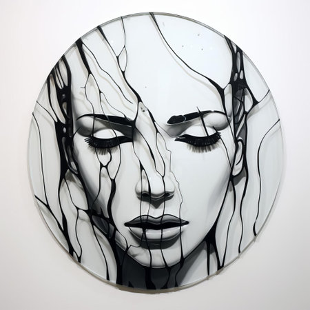 the glass art piece, rendered in striking black and white hues, showcases a poignant triste expression, expertly crafted through a single, flowing line drawing that conveys a sense of melancholy and introspection, evoking emotions through its simplicity and elegance. ai generatedの素材