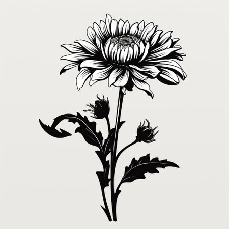 the aster flower stands majestically in silhouette, its delicate petals and stems starkly contrasted against a pure white background, creating a striking black and white vector image perfect for botanical illustrations, nature-inspired designs, and minimalist art. ai generatedの素材