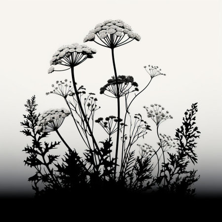 yarrow's delicate silhouette stands out against a stark black and white background in this striking vector illustration, showcasing the intricate details of the flowering plant's fern-like foliage and feathery texture, perfect for nature-inspired designs and botanical art. ai generatedの素材