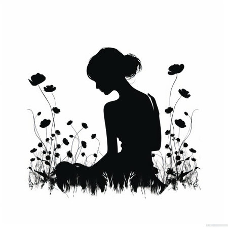 the buttercup, a bright and cheerful flower, stands out against a stark black background in this striking silhouette vector illustration, showcasing its delicate petals and stems in crisp white lines, perfect for nature-inspired designs and botanical art. ai generatedの素材