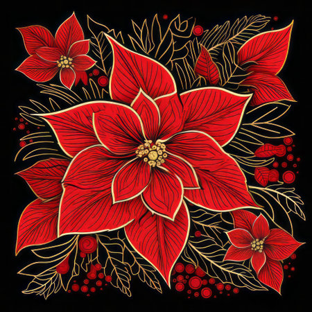 poinsettia, a vibrant winter flower, shines bright in this stunning vector graphic, boasting a linear and minimalistic design that perfectly captures its festive spirit, ideal for holiday decorations, greeting cards, and seasonal illustrations, evoking feelings of joy and celebration. ai generatedの素材