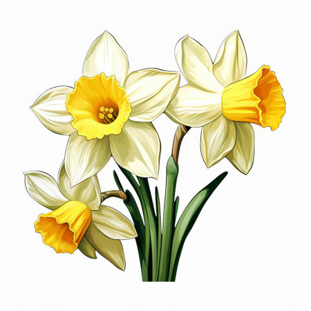 the daffodil, also known as narcissus, blooms brightly in this stunning clipart, set against a crisp white background, showcasing its vibrant yellow petals and trumpet-shaped center, perfect for spring-inspired designs, floral arrangements, and nature-themed projects. ai generatedの素材