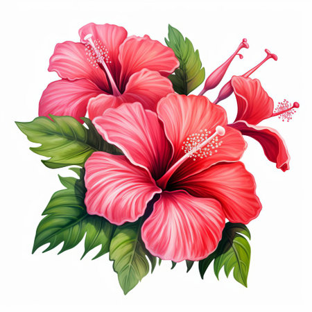 the hibiscus flower, with its delicate petals and vibrant colors, takes center stage in this stunning clipart image, set against a crisp white background, perfect for adding a touch of tropical elegance to any design, from invitations to website graphics. ai generatedの素材