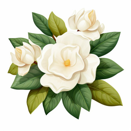 gardenia flowers, with their creamy white petals and sweet fragrance, are beautifully illustrated in this high-quality clipart, set against a clean white background, perfect for use in floral designs, wedding invitations, and botanical art projects, evoking feelings of elegance and sophistication. ai generatedの素材