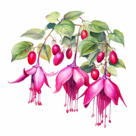 fuchsia flowers, with their delicate petals and vibrant pink-purple hue, take center stage in this stunning clipart design, set against a crisp white background, perfect for adding a pop of color and elegance to any digital project or website. ai generatedの素材