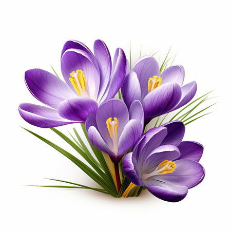 crocus flowers, symbolizing hope and renewal, are beautifully illustrated in this vibrant clipart, set against a crisp white background, perfect for spring-inspired designs, botanical art, and nature-themed projects, evoking feelings of freshness and new beginnings. ai generatedの素材