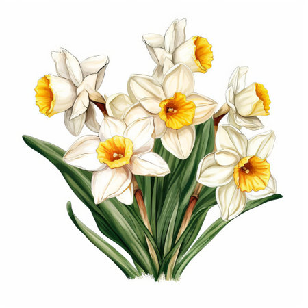 the narcissus flower, symbolizing rebirth and renewal, is beautifully illustrated in this stunning clipart on a crisp white background, showcasing its delicate petals and vibrant colors, perfect for spring-inspired designs, botanical art, and nature-themed projects. ai generatedの素材