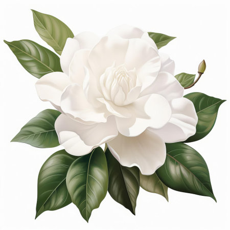 gardenia flowers, with their creamy white petals and sweet fragrance, are beautifully showcased in this high-quality clipart set against a crisp white background, perfect for adding a touch of elegance and sophistication to any design or project, ideal for floral arrangements and botanical illustrations. ai generatedの素材