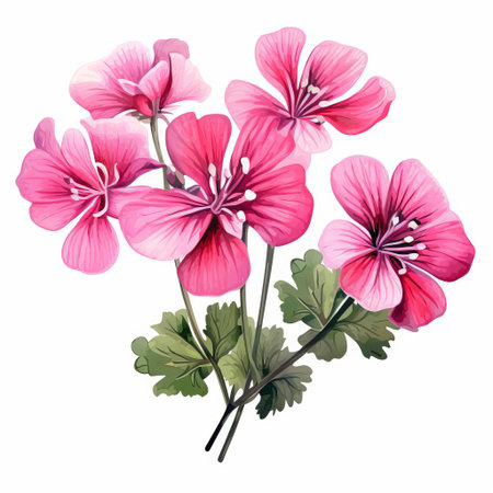 geranium, a delicate and vibrant flower, is beautifully illustrated in this high-quality clipart, set against a crisp white background, perfect for adding a touch of elegance and sophistication to your designs, projects, and digital creations, ideal for floral arrangements and botanical art. ai generatedの素材
