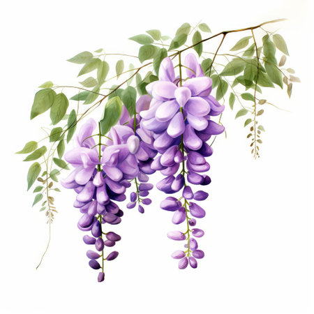 wisteria blooms beautifully against a crisp white background in this stunning clipart, showcasing delicate purple flowers and lush green leaves, perfect for adding a touch of elegance to your designs, stationery, and digital projects, evoking feelings of serenity and sophistication. ai generatedの素材