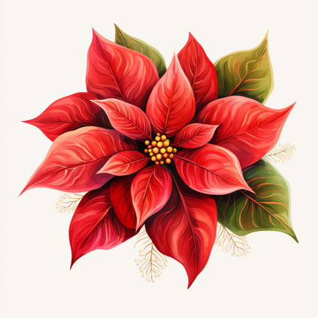 poinsettia, a symbol of festive cheer, shines brightly in this vibrant clipart, set against a crisp white background, showcasing its iconic star-shaped petals and rich green leaves, perfect for holiday decorations, christmas cards, and winter wonderland designs. ai generatedの素材