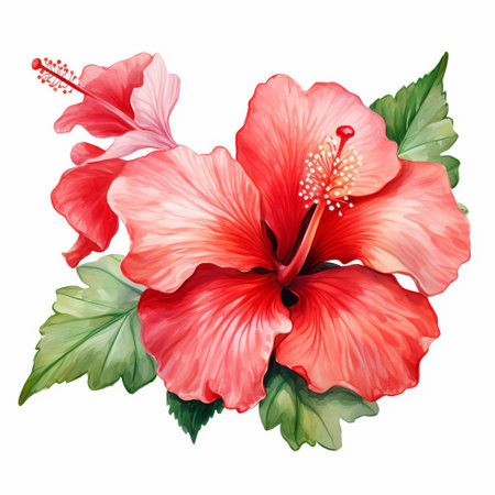 the hibiscus flower, with its delicate petals and vibrant colors, takes center stage in this beautiful clipart image, set against a crisp white background, perfect for adding a touch of tropical elegance to any design or project, evoking feelings of serenity and warmth. ai generatedの素材