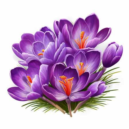 crocus flowers, symbolizing hope and renewal, are beautifully illustrated in this vibrant clipart, set against a crisp white background, perfect for spring-inspired designs, botanical art, and nature-themed projects, evoking feelings of freshness and new beginnings. ai generatedの素材