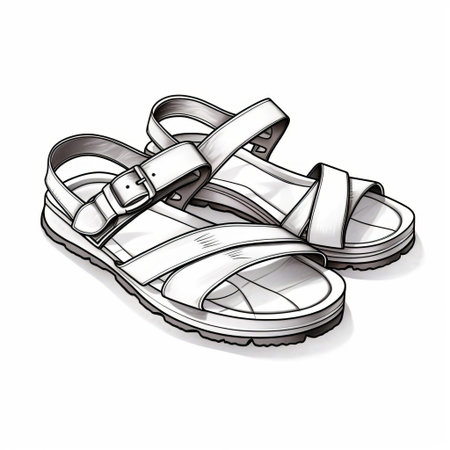 sandals outline is beautifully illustrated in a precise drawing on a clean white background, showcasing the intricate details of the footwear's straps, buckles, and soles, perfect for designers, artists, and fashion enthusiasts looking for inspiration or reference for their next project. ai generatedの素材