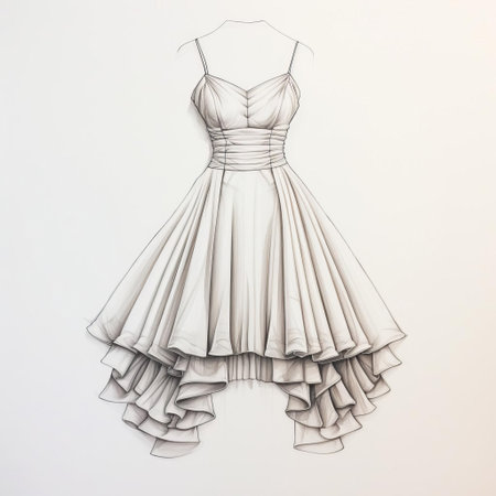 the dress outline, delicately sketched on a pristine white background, showcases the classic silhouette of a frock, highlighting the intricate details of the garment's shape, perfect for fashion designers, artists, and enthusiasts looking for inspiration for their next creative project. ai generatedの素材