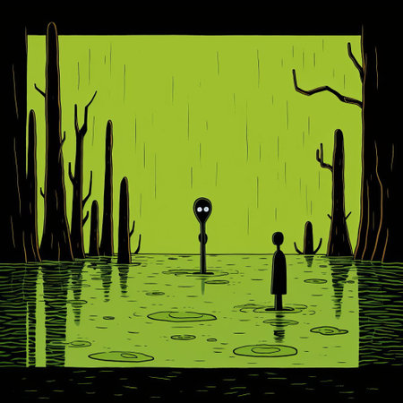 the swamp, a mystical and eerie ecosystem, comes alive in this captivating illustration by jean jullien, featuring twisted cypress trees, murky waters, and lush greenery, evoking a sense of mystery and adventure in the heart of the bayou, perfect for nature lovers and fans of whimsical art. ai generatedの素材