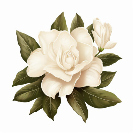 gardenia flowers, with their creamy white petals and sweet fragrance, are beautifully illustrated in this high-quality clipart set against a crisp white background, perfect for adding a touch of elegance and sophistication to any design, project, or digital art. ai generatedの素材