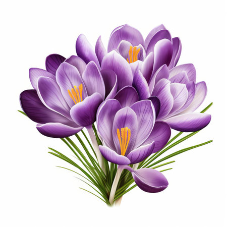 crocus flowers, symbolizing hope and renewal, are beautifully illustrated in this vibrant clipart set against a crisp white background, perfect for spring-inspired designs, botanical art, and nature-themed projects, evoking feelings of freshness and new beginnings. ai generatedの素材