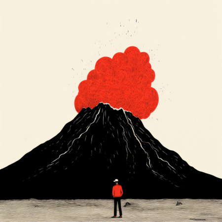 the volcano, illustrated by french artist jean jullien, erupts with vibrant colors and whimsical shapes, capturing the raw power and beauty of nature's fury, evoking a sense of awe and wonder, perfect for fans of abstract art, landscape photography, and geological wonders. ai generatedの素材