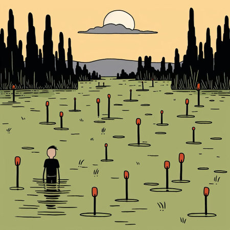 wetland, a serene and vibrant illustration by jean jullien, showcases a thriving ecosystem teeming with life, where lush green vegetation, winding waterways, and majestic birds coexist in harmony, highlighting the importance of preserving these delicate natural habitats and promoting environmental conservation. ai generatedの素材