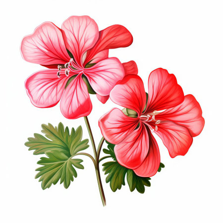 geraniums stand out against a crisp white background in this vibrant clipart, showcasing the delicate petals and subtle texture of the popular flowering plant, often used in gardens and floral arrangements for its beauty and symbolic meaning. ai generatedの素材