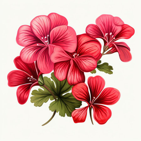 geranium, a delicate and vibrant flower, is beautifully illustrated in this high-quality clipart, set against a crisp white background, perfect for digital designs, gardening enthusiasts, and nature lovers, evoking feelings of serenity and elegance in any visual project or presentation. ai generatedの素材
