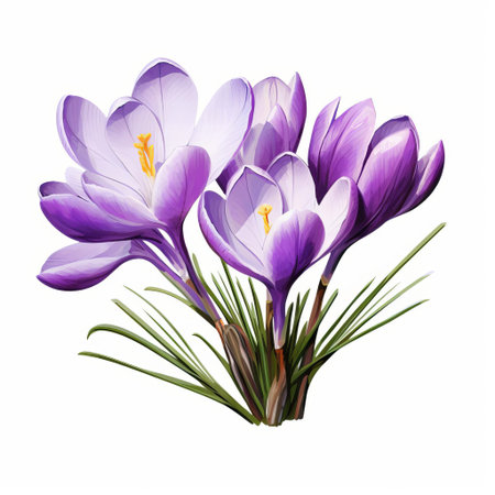 the delicate crocus flower clipart stands out against a crisp white background, showcasing its vibrant purple petals and golden anthers, perfect for spring-themed designs, floral arrangements, and botanical illustrations, evoking feelings of renewal and hope. ai generatedの素材