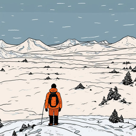 the tundra, a vast and remote arctic region, is beautifully illustrated in this stunning artwork by jean jullien, showcasing the harsh yet breathtaking landscape of snow-covered mountains, icy lakes, and sparse vegetation, evoking a sense of serenity and wilderness in this frozen ecosystem. ai generatedの素材