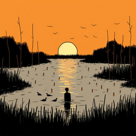 wetland, a vibrant illustration by french artist jean jullien, showcases a serene ecosystem teeming with life, featuring lush green vegetation, tranquil water, and a diverse array of wildlife, highlighting the importance of preserving these delicate natural habitats and promoting environmental conservation. ai generatedの素材