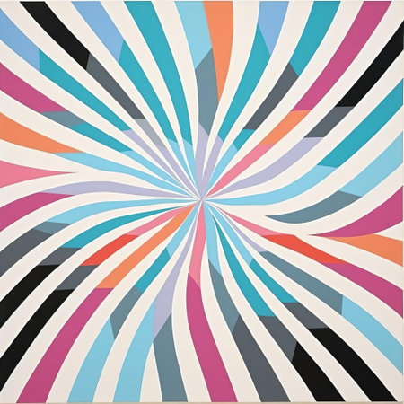 bridget riley's op art masterpiece features a mesmerizing arrangement of geometric shapes and vibrant colors, showcasing her signature style of optical illusions and kinetic energy, evoking a sense of dynamic movement and visual tension in this stunning example of modern abstract art. ai generatedの素材