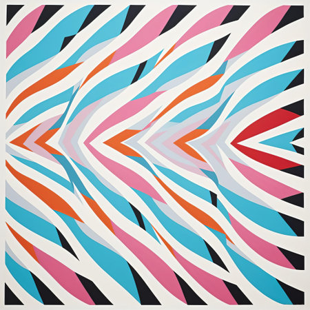 bridget riley's op art masterpiece features vibrant, geometric shapes in black and white, showcasing her signature style of optical illusions and kinetic energy, evoking a sense of dynamic movement and visual tension in this stunning example of 1960s abstract art. ai generatedの素材