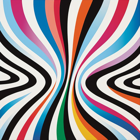 bridget riley's op art masterpiece showcases vibrant, geometric patterns and shapes, creating a mesmerizing visual experience that explores the relationship between color, form, and perception, exemplifying the artist's unique style and contribution to the op art movement in modern art. ai generatedの素材