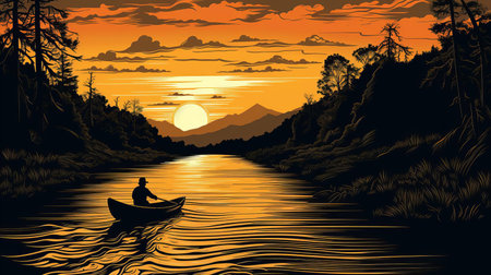 river winds its serene way through the lush green forest, surrounded by towering trees, in this stunning woodcut artwork, showcasing the harmony between nature and art, with intricate details and textures that evoke a sense of tranquility and connection to the natural world. ai generatedの素材